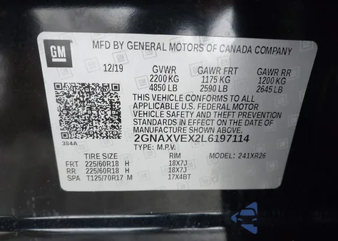 2020 Chevrolet Equinox Awd Lt 2.0L Turbo z USA, uszkodzony, nr VIN 2GNAXVEX2L6197114